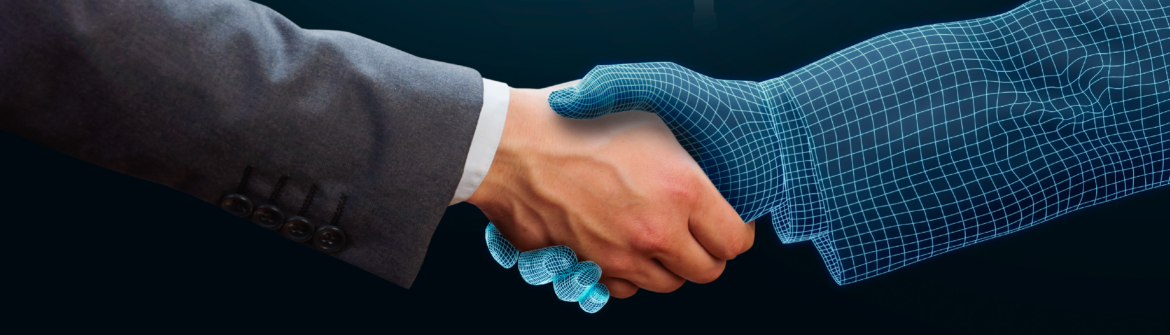 Man shaking hands with blue digital hand