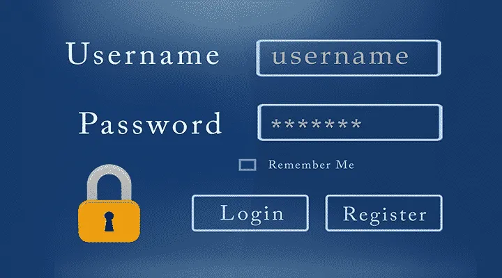 Blue screen showing user name password and lock image